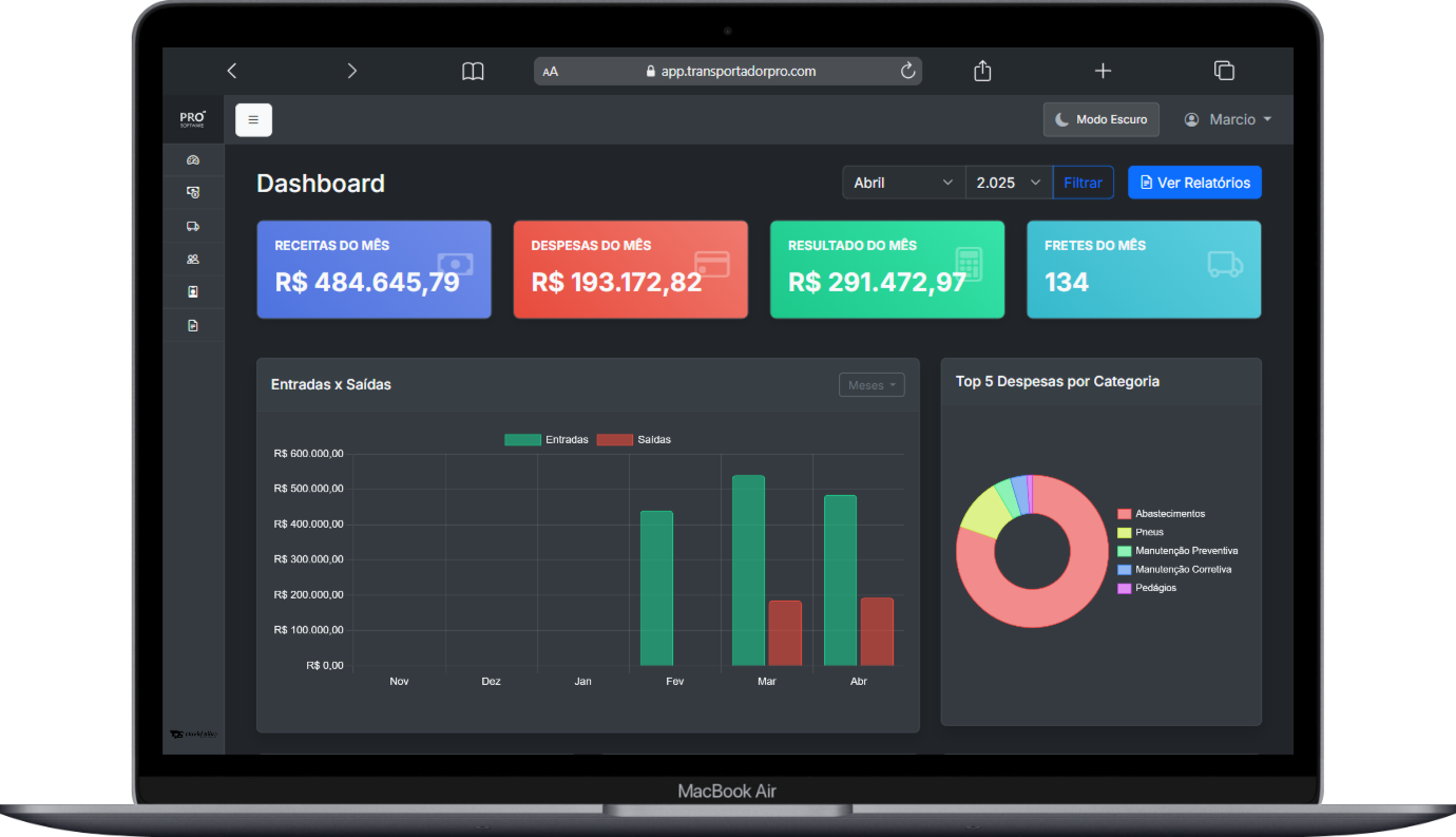 Dashboard do TransportadorPRO no MacBook